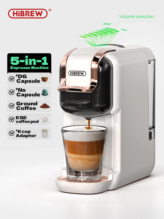 HiBREW 5 in 1 Multiple Capsule Coffee Machine Hot/Cold DG Cappuccino Nes Small Capsule ESE Pod Ground Coffee Cafeteria 20Bar H2B